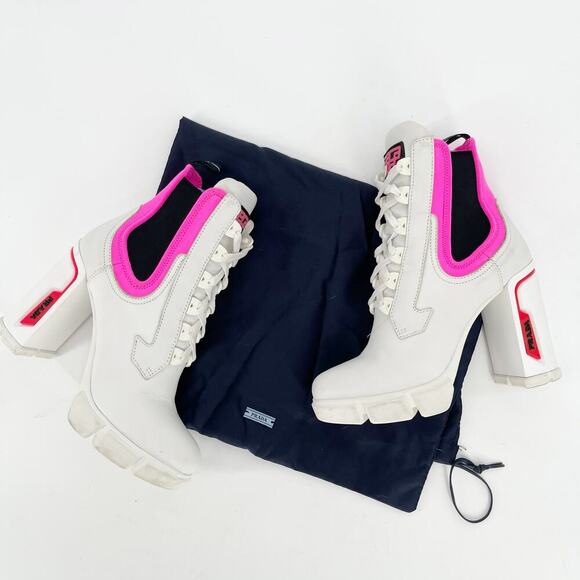 Prada White Leather Hot Pink Neoprene Lace Up Chelsea Combat Ankle Boot IT 37.5 - Picture 1 of 16
